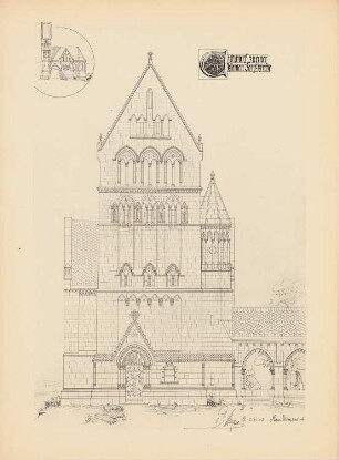 Dorfkirche: Vorderansicht, Seitenansicht (aus: Drucke von Seminararbeiten der Königlich Technischen Hochschule Berlin, Bd. III)