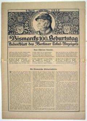 Sonderdruck ("Gedenkblatt") des "Berliner Lokal-Anzeigers"zum 100. Geburtstag von Otto von Bismarck