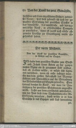 Der vierte Abschnitt. Von der Kunst der poetischen Gemählde, in Absicht auf die Sachen