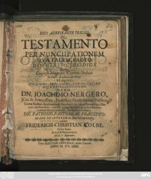 De Testamento Per Nuncupationem Qua Talem, Facto : Disputatio Iuridica