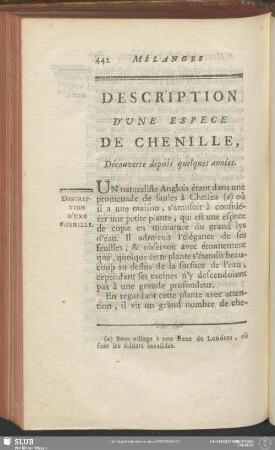 Description D'Une Espece De Chenille, Découverte depuis quelques années