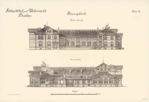 Schlachthof und Viehmarkt, Breslau Börsengebäude: Vorderansicht und Hinteransicht 1:100