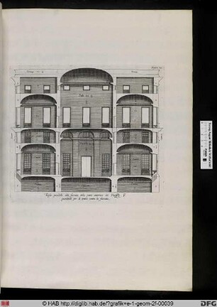 Taglio paralello alla facciata della parte anteriore del Palazzo. F. guardando per di dentro contra la facciata.