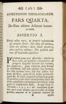 Assertionum Theologicarum. Pars quarta. De Fine ultimo Actuum humanorum.