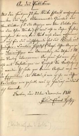 An das Publikum. [Abschrift von W. v. Maltzahn]
