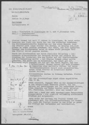 Lienzingen: Visitationsbericht mit Pfarrbericht 1962