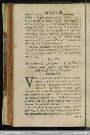 Cap. XXI. De natura & differentia verbi personalis, activi, atque passivi, nec non neutri activi, & passivi, & Infinitivi Italici