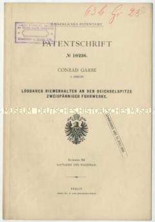 Patentschrift eines lösbaren Riemenhalters an der Deichselspitze zweispänniger Fuhrwerke, Patent-Nr. 10236