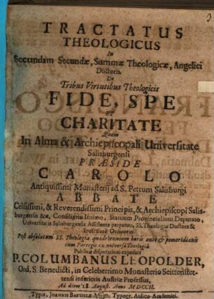 Tractatus Theologicus In Secundam Secundae, Summae Theologicae, Angelici Doctoris. De Tribus Virtutibus Theologicis Fide, Spe Et Charitate