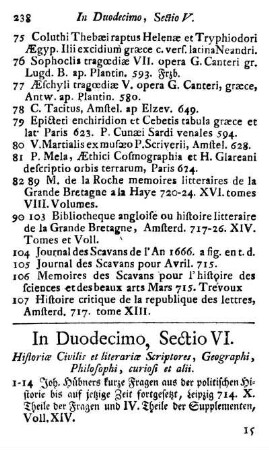 Sectio VI. Historiæ Civilis et literariæ Scriptores, Geographi, Philosophi, curiosi et alii.