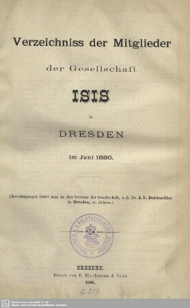 Verzeichnis der Mitglieder der Gesellschaft ISIS in Dresden im Juni 1886