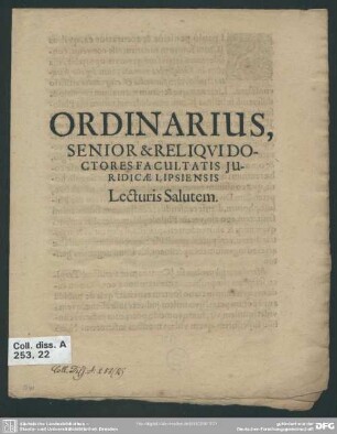 Ordinarius, senior et reliqui doctores facultatis juridicae Lipsiensis lecturis salutem