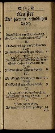 Register Der hierinn befindlichen Lieder.