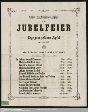 Zur Erinnerung an die Jubelfeier der Loge zum goldnen Apfel am 7. Juni 1856