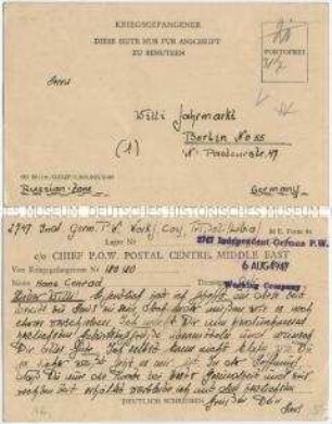 Handgeschriebene Vordruck-Postkarte aus einem britischen Kriegsgefangenenlager in Libyen in die sowjetische Besatzungszone Deutschlands