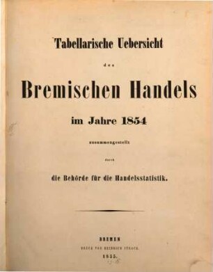 Tabellarische Übersicht des bremischen Handels : im Jahre .... 1854