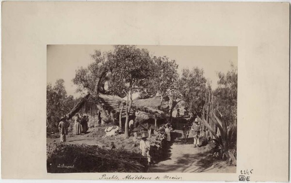 Petit village près de Mexico. Des maisons adobes recouvertes de roseaux et leurs habitants.