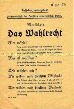 Propagandaschrift des Frauenausschusses der DDP mit Hinweisen zum Wahlrecht