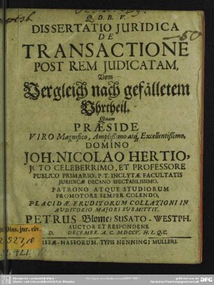 Dissertatio Iuridica De Transactione Post Rem Iudicatam