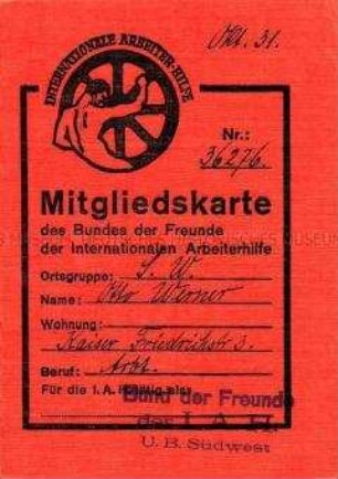 Mitgliedsausweis des Bundes der Freunde der Internationalen Arbeiterhilfe