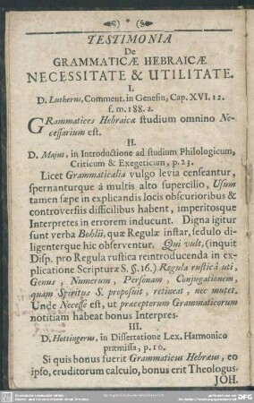 Testimonia, De Grammaticae Hebraicae Necessitate & Utilitate