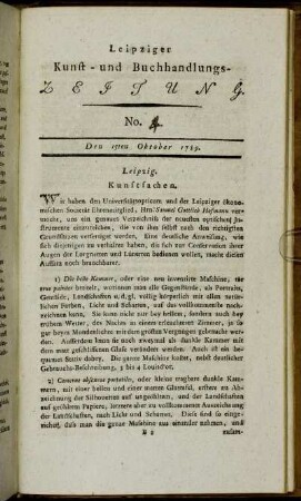 Leipziger Kunst- und Buchhandlungs-Zeitung. No. 4. Den 15ten Oktober 1789.