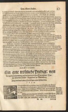 Ein gute tröstliche Predigt: von der wirdigen bereitung zu dem hochwirdigen Sacrament ...