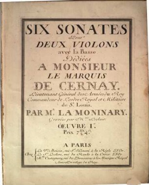 Six sonates pour deux violons avec la basse : oeuvre Ier