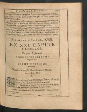 Disputatio Biblica XVIII. Ex XXI. Capite Geneseos. De qua Respondit Thomas Wegelinus