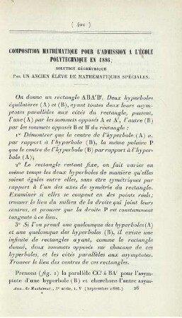 Composition mathématique pour l'admission a l'École Polytechnique en 1886.