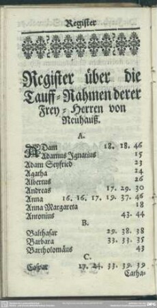 Register über die Tauff-Nahmen derer Frey-Herren von Neuhauß