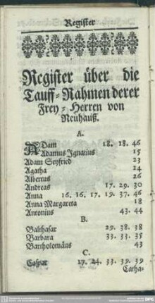 Register über die Tauff-Nahmen derer Frey-Herren von Neuhauß