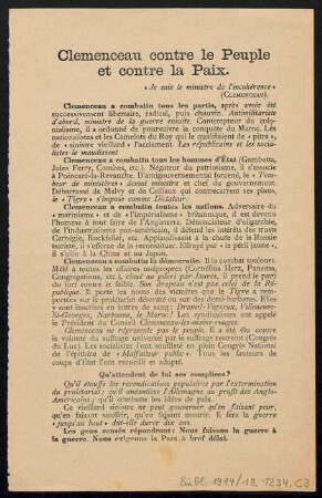 Clemenceau contre le peuple et contre la paix : Clemenceau a combattu tous les partis, après avoir été successivement libertaire, radical, puis chauvin ...