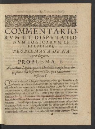 Commentariorum Et Disputationum Logicarum, Liber Primus.