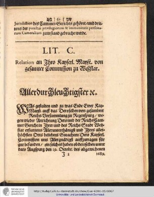 LIT. C. Relation an Ihro Kayserl. Mayst. von gesamter Commission zu Wetzslar.