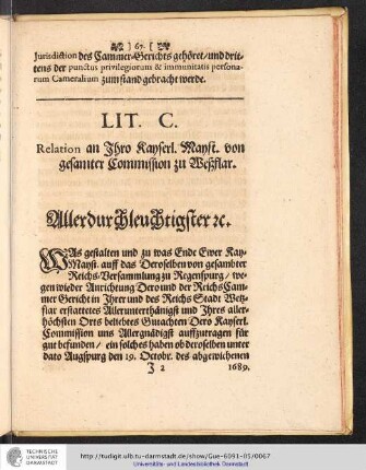 LIT. C. Relation an Ihro Kayserl. Mayst. von gesamter Commission zu Wetzslar.