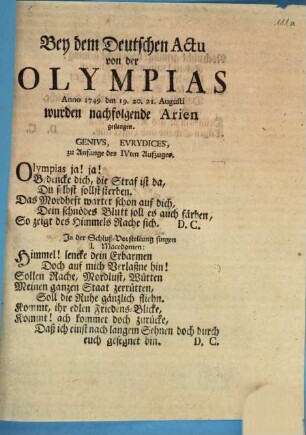 Bey dem Deutschen Actu von der Olympias Anno 1749. den 19. 20. und 21. Augusti wurden nachfolgende Arien gesungen ...
