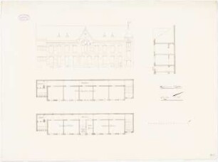 Synagoge, Berlin Monatskonkurrenz Oktober 1888 (wahrscheinlich Originalzeichnung): Religionsschule: 2 Grundrisse, Aufriss, Schnitt 1:100