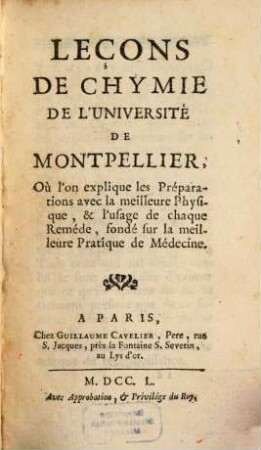 Leçons de chymie de l'université de Montpellier