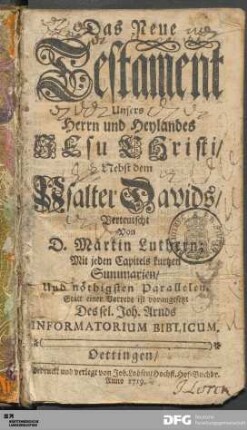 Das Neue Testament Unsers Herrn und Heylandes JEsu CHristi