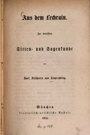 Aus dem Lechrain : zur deutschen Sitten- und Sagenkunde
