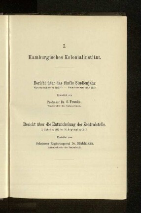I. Hamburgisches Kolonialinstitut.