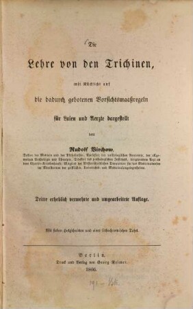 Die Lehre von den Trichinen : mit Rücksicht auf die dadurch gebotenen Vorsichtsmaaßregeln für Laien und Aerzte dargestellt
