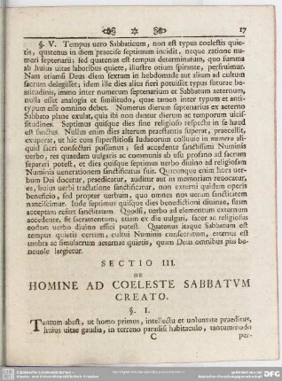 Sectio III. De Homine Ad Coeleste Sabbatum Creato