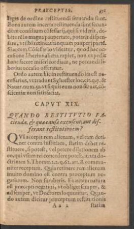Caput XIX. Quando Restitutio Facienda, et quae causae excusent, aut differant restitutionem?