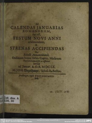 Ad calendas Januarias Romanorum, hoc est, festum novi anni celebrandum, & strenas accipiendas
