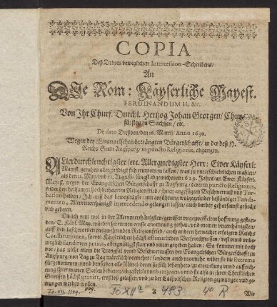 A1r-A4v, Copia Deß Dritten beweglichen Intercession-Schreibens