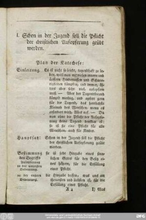I. Schon in der Jugend soll die Pflicht der christlichen Aufopferung geübt werden.