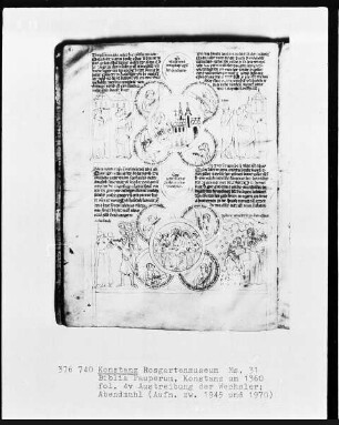 Biblia Pauperum — Christus reinigt den Tempel und das Abendmahl, Folio 4verso