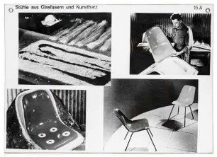 Nr. 15a Herstellung von Polyesterstühlen. Stühle aus Glasfasern und Kunstharz (Werkbundkiste Moderne Sitzmöbel, Schautafel)